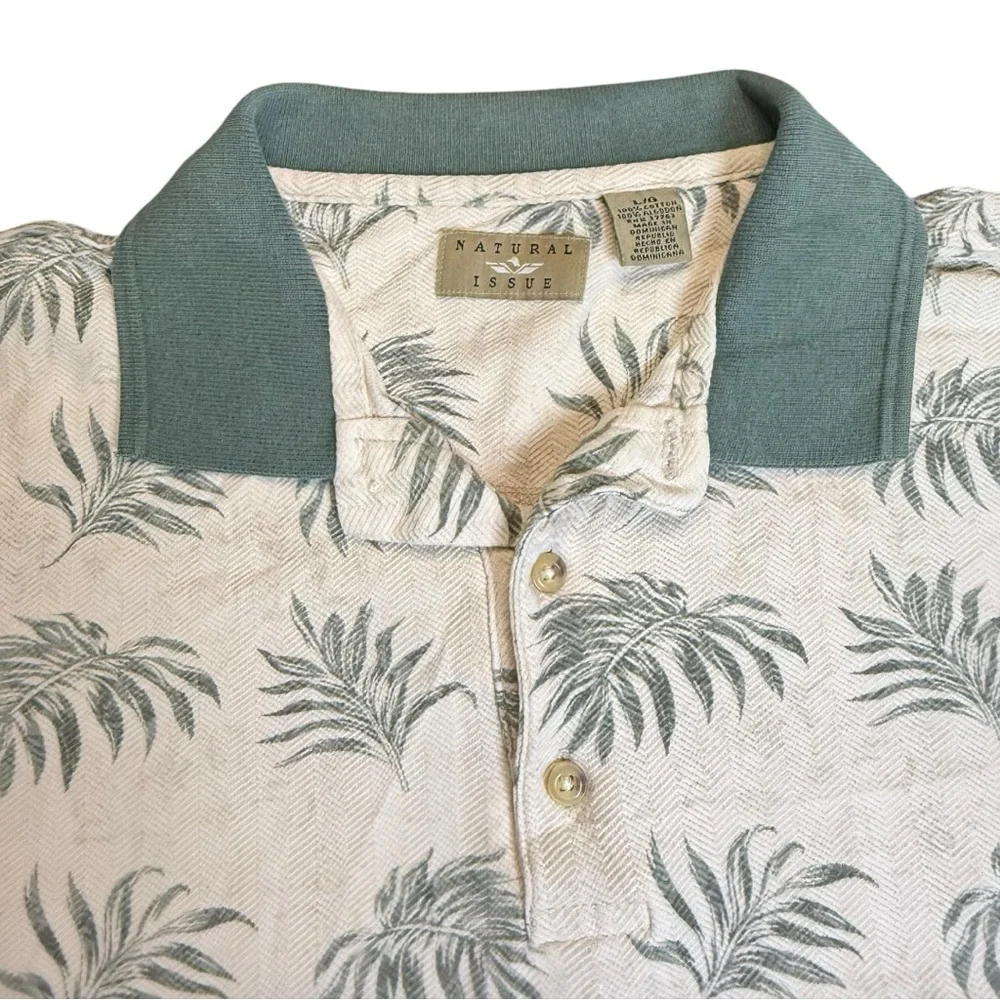 Men's Cream and Green Patterned Polo Shirt Size L - Picture 4 of 7